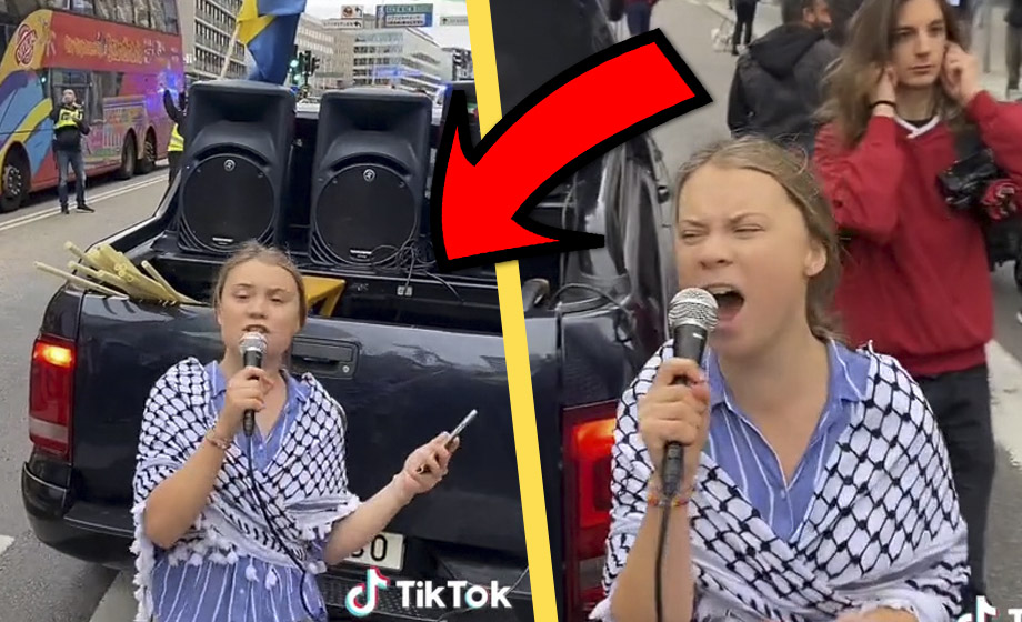 Här Palestina-demonstrerar Greta med diesel-pickup